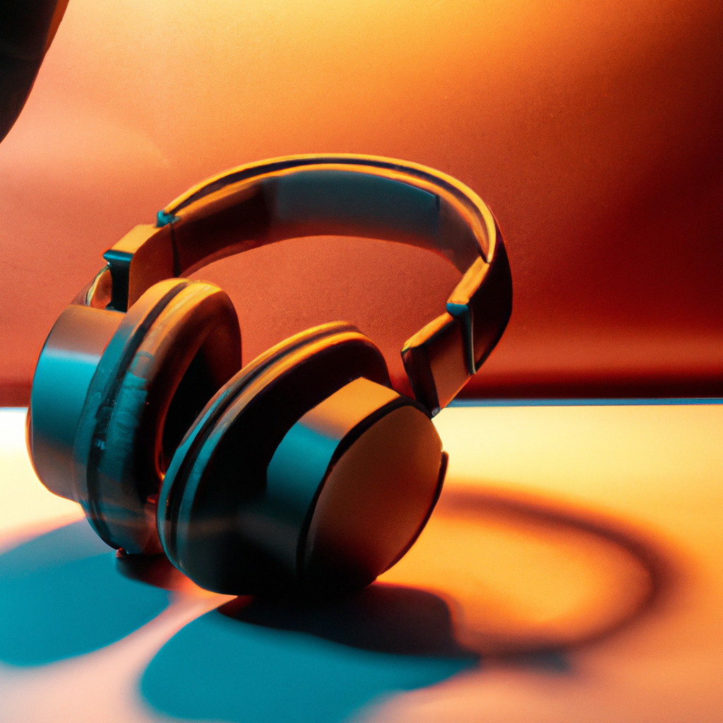 Minimalist desk with studio headphones resting over an audio interface under warm light