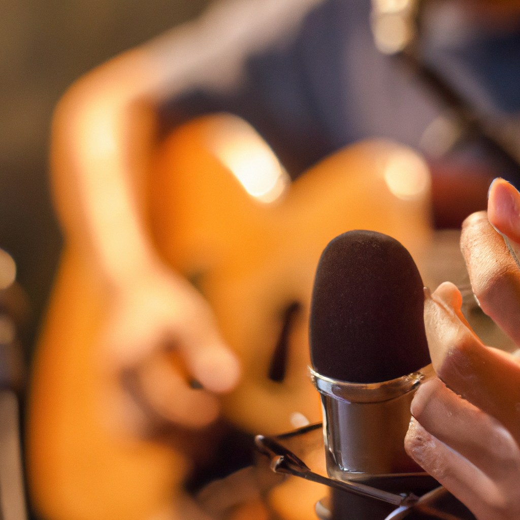 Student practicing precise microphone placement over an acoustic guitar, close-up with shallow depth of field